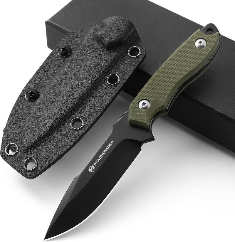 DRACHENADER 7" D2 Steel EDC Fixed Blade Knife, Versatile Carry with Kydex Sheath and G10 Handle (B- Black Balde + Green Handle) - Image 1